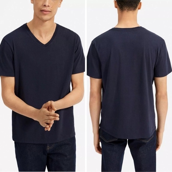 Everlane Mens Organic Tee Blue Cotton V-Neck T-Shirt Classic Fit Short Sleeve - Picture 2 of 6